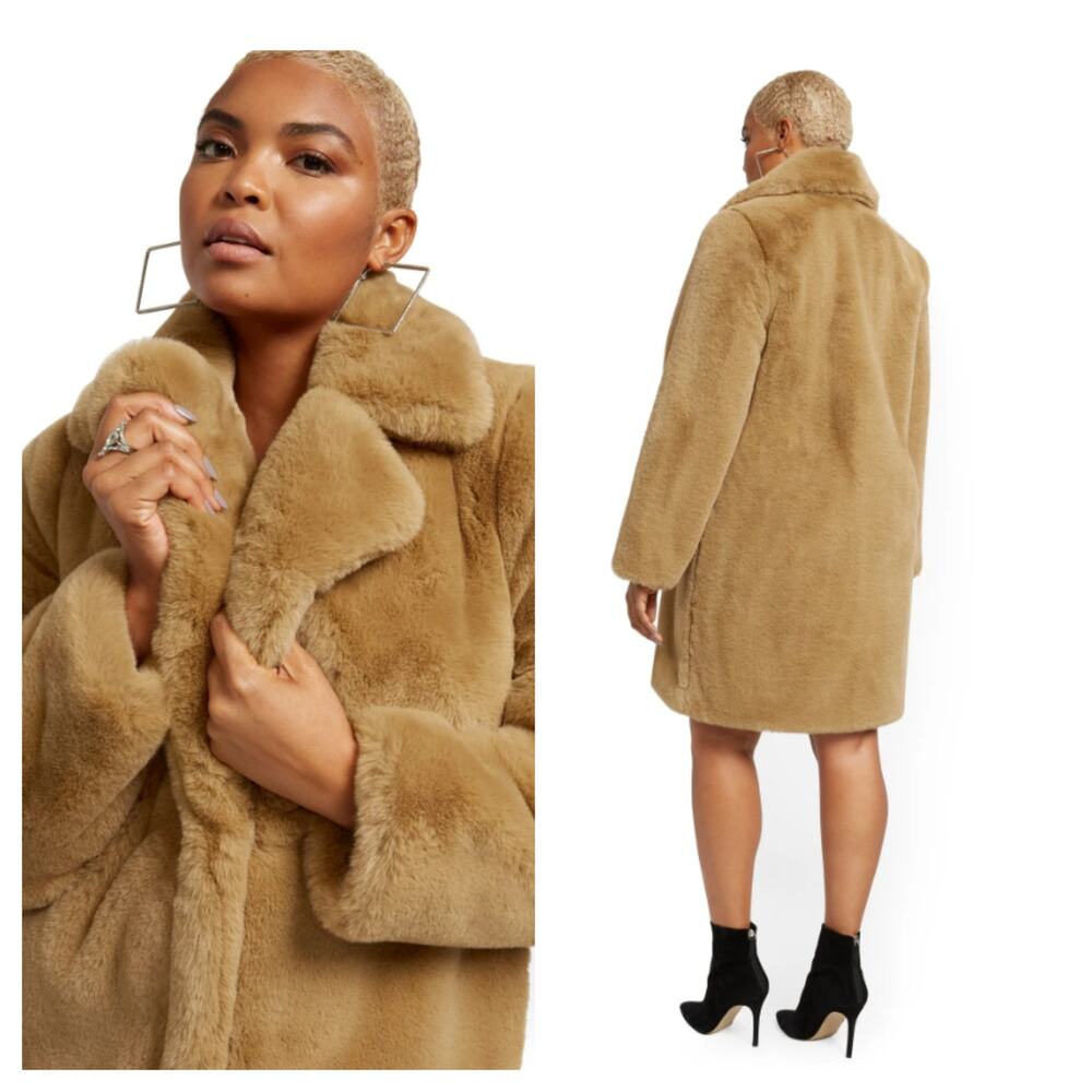 New York & Company Camel Faux Fur Coat L XL Plush Teddy Winter Jacket